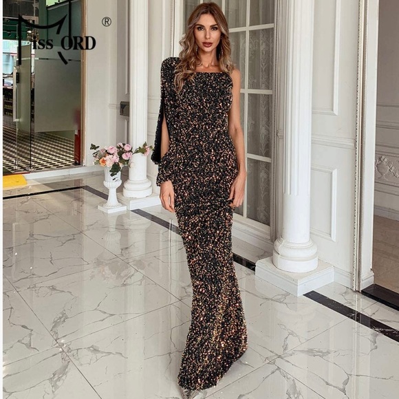 miss ord Dresses & Skirts - Miss Ord One shoulder split sleeve sequins mermaid evening gown